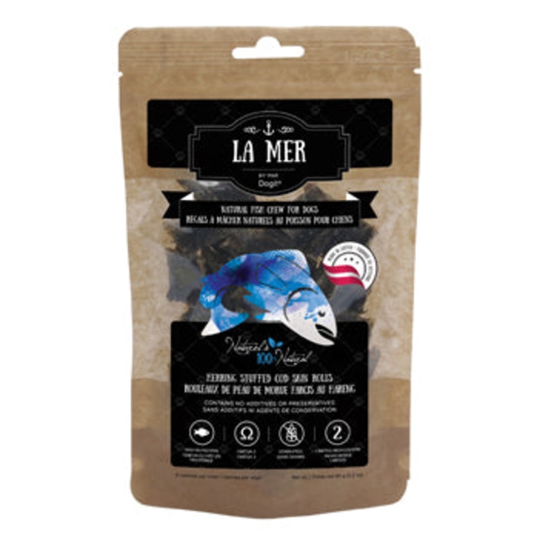 La Mer by Dogit Natural Fish Chew for Dogs - Herring Stuffed Cod Skin Rolls - Small - 90 g (3.2 oz)