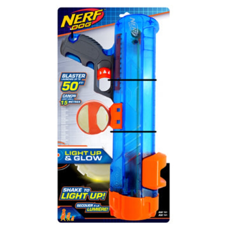 Nerf Dog Medium Translucent Tennis Ball Blaster 16 in - with LED Glow Ball
