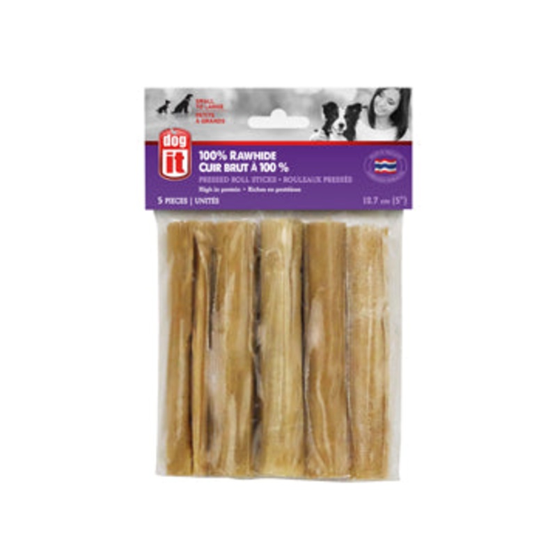 Dogit 100% Rawhide Pressed Roll Sticks - 12.7cm (5in) - 5 pack