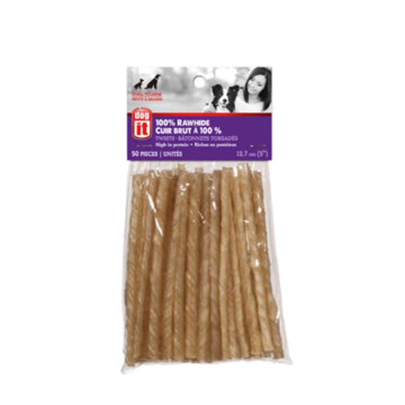 Dogit Rawhide Chew Stick, twisted, 5-6 mm x 12.5 cm (0.2 in x 5 in), 50-pack