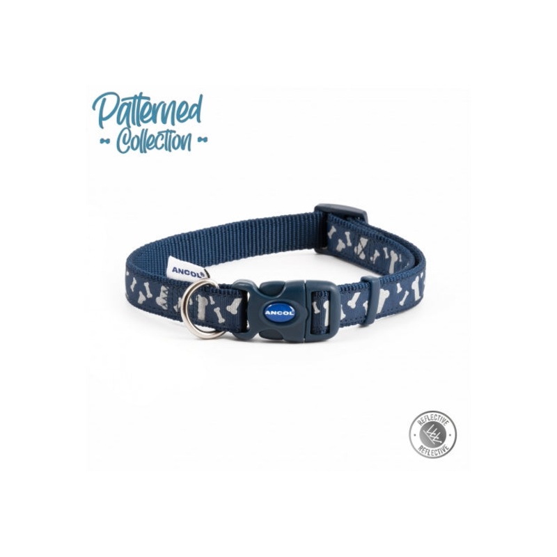 Bone Patterned Navy Reflective Collar Size 1-2