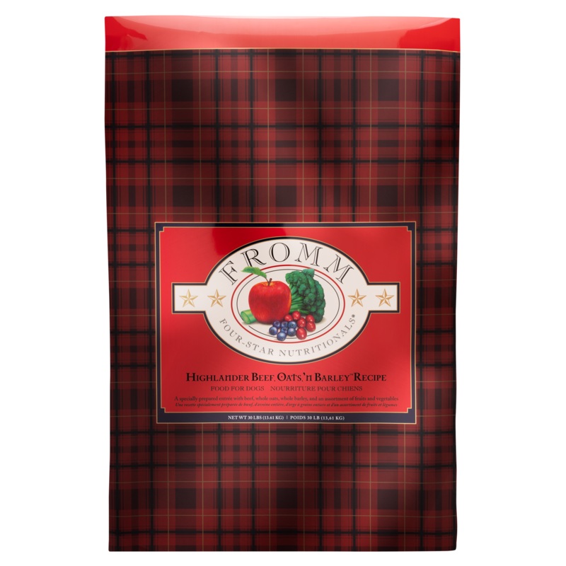 A Scottish-inspired entre specially prepared with beef, whole oats, whole barley, and an assortment of fruits and vegetables.  Dry dog food.