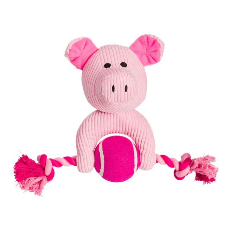 House of Paws Pink Cord Pig Dog Toy with Tennis Ball and Rope