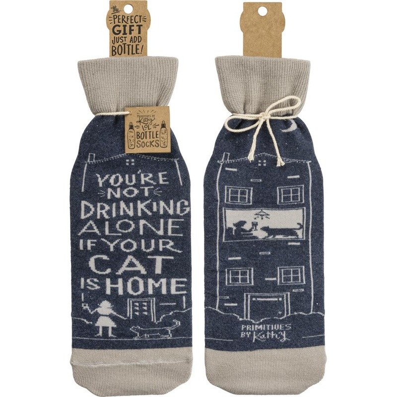 WINE SOCK- DRINKING ALONE CAT IS HOME