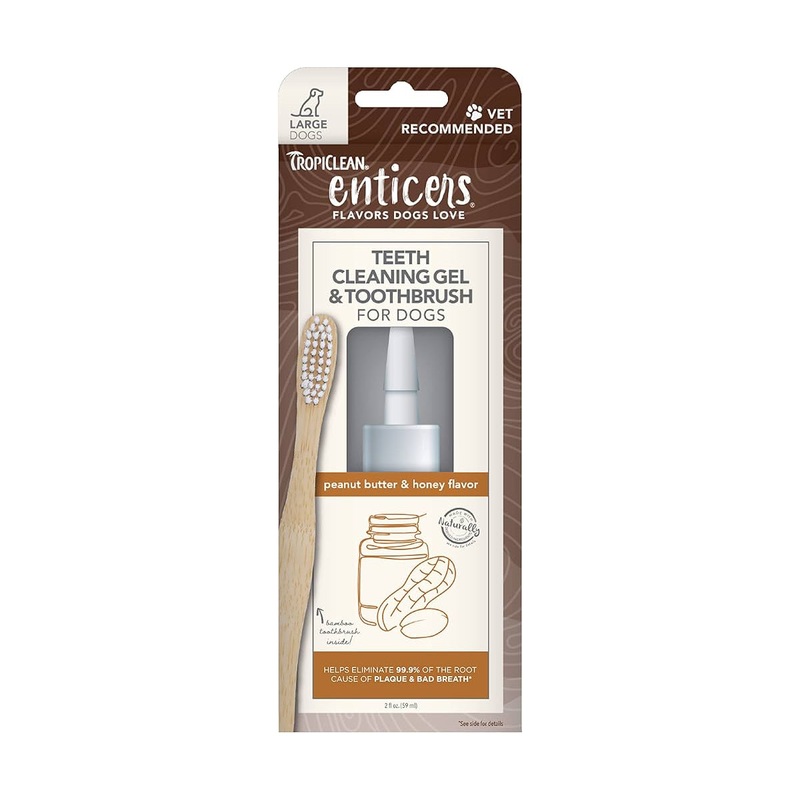 TropiClean Enticers Teeth Cleaning Gel & Toothbrush for Large Dogs, Peanut Butter & Honey Flavor, 2oz