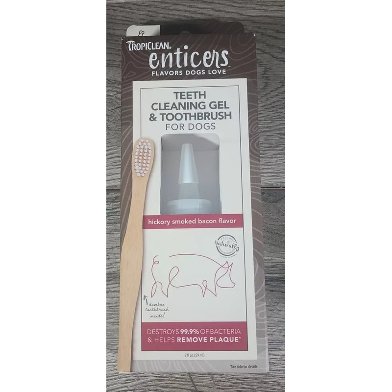 TropiClean Enticers Teeth Cleaning Gel & Toothbrush for S/M Dogs - Hickory Smoked Bacon Flavor, 2oz