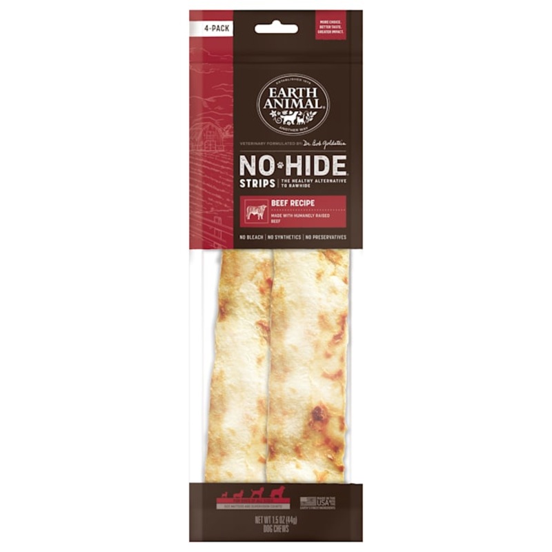 Earth Animal No-Hide Strips Beef Recipe Natural Rawhide Alternative Dog Chew Treats, 1.5 oz., Count of 4