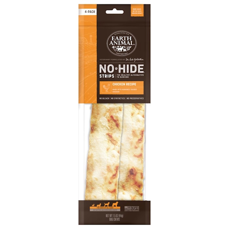 Earth Animal No-Hide Strips Chicken Recipe Natural Rawhide Alternative Dog Chew Treats, 1.5 oz., Count of 4