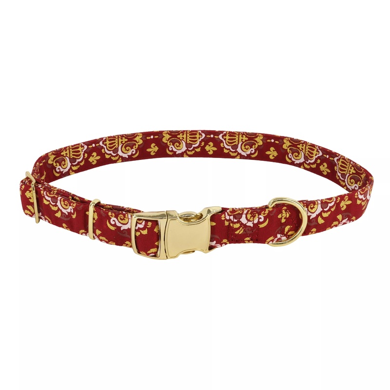 Coastal Accent Metallic 5/8in Wide 8-12in Adjustable Dog Collar Burgandy Crowns
