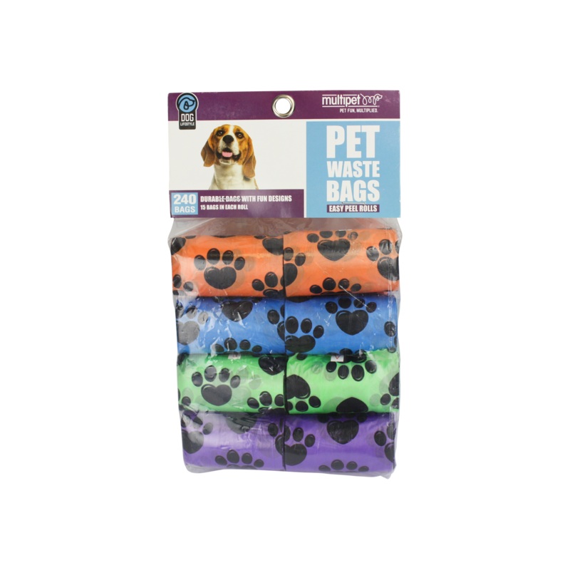 Multipet Waste Bags 15ct 16pk Paw Print Assorted Colors