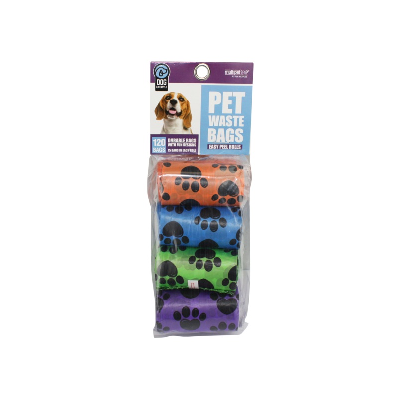 Multipet Waste Bags 15ct 8pk Paw Print Assorted Colors