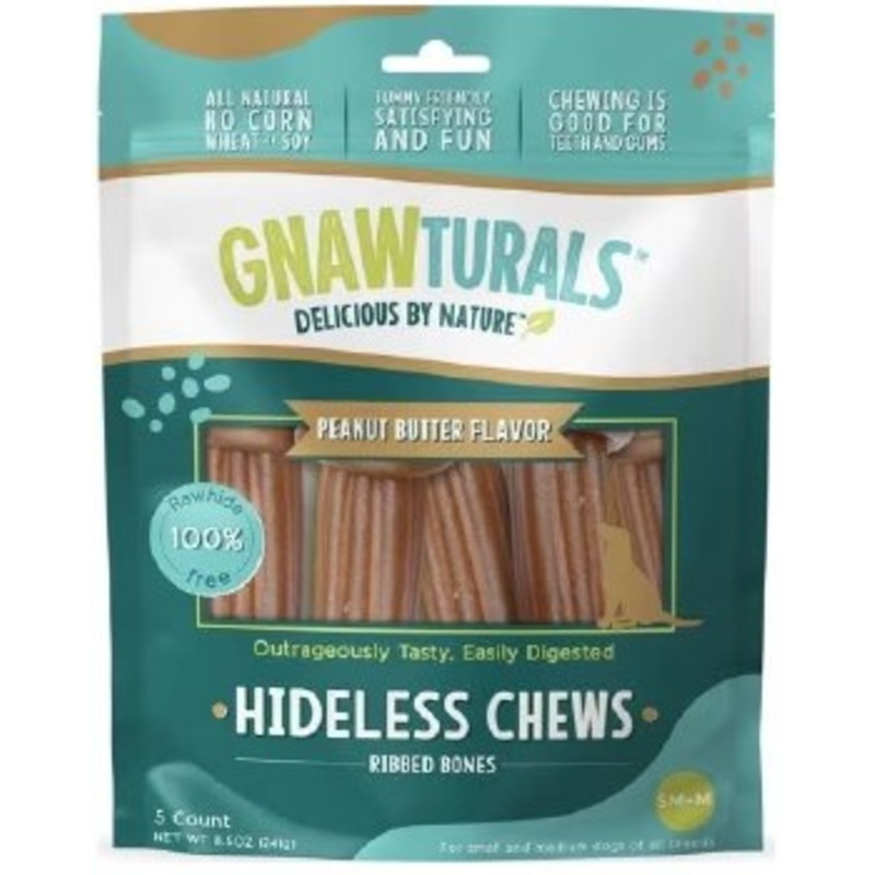 Gnawturals Hideless Chews Ribbed Bone Peanut Butter Medium 5ct