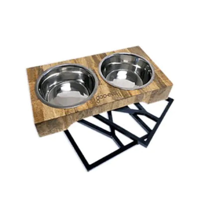 GOO-EEZ Mango Wood Adjustable-Height Double Feeder with Stainless Steel Bowls