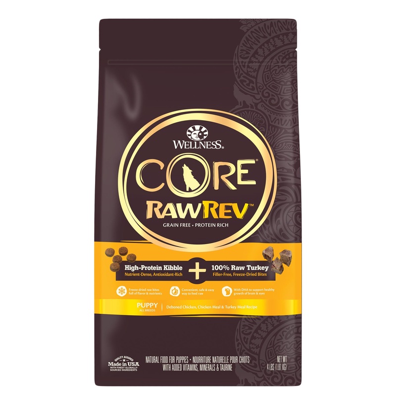 Wellness CORE RawRev Grain Free Natural Dry Puppy Food, Puppy Deboned Chicken & Turkey with Freeze Dried Turkey Recipe , 4lb