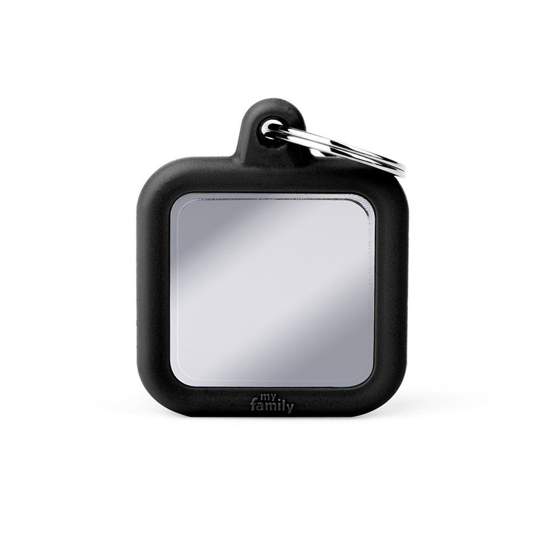 My Family ID Hushtag Chrome-Plated Brass Square ID Tag with Black Rubber