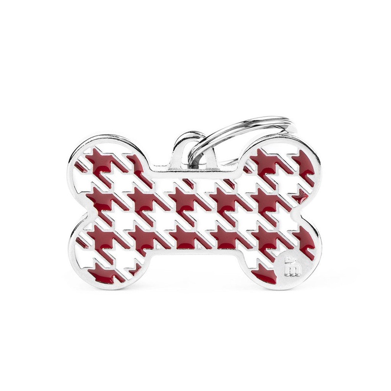 My Family ID Style Pied de Poule Big Red Bone ID Tag