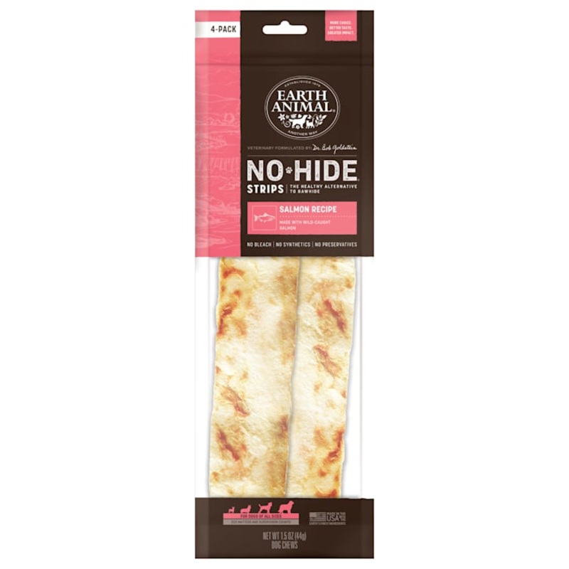 Earth Animal No-Hide Strips Salmon Recipe Natural Rawhide Alternative Dog Chew Treats, 1.5 oz., Count of 4