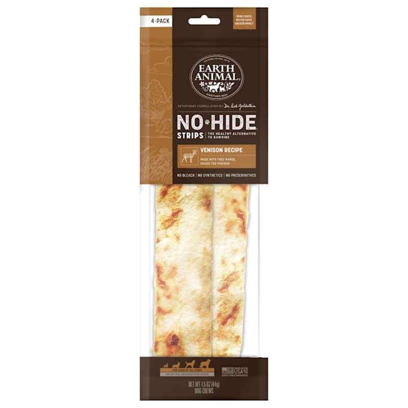 Earth Animal No-Hide Strips Venison Recipe Natural Rawhide Alternative Dog Chew Treats, 1.5 oz., Count of 4