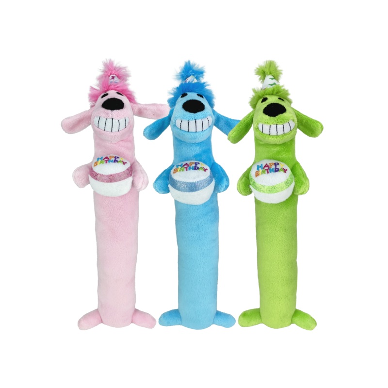 Multipet Plush Dog Toy Loofa Dog Birthday 12in Assorted