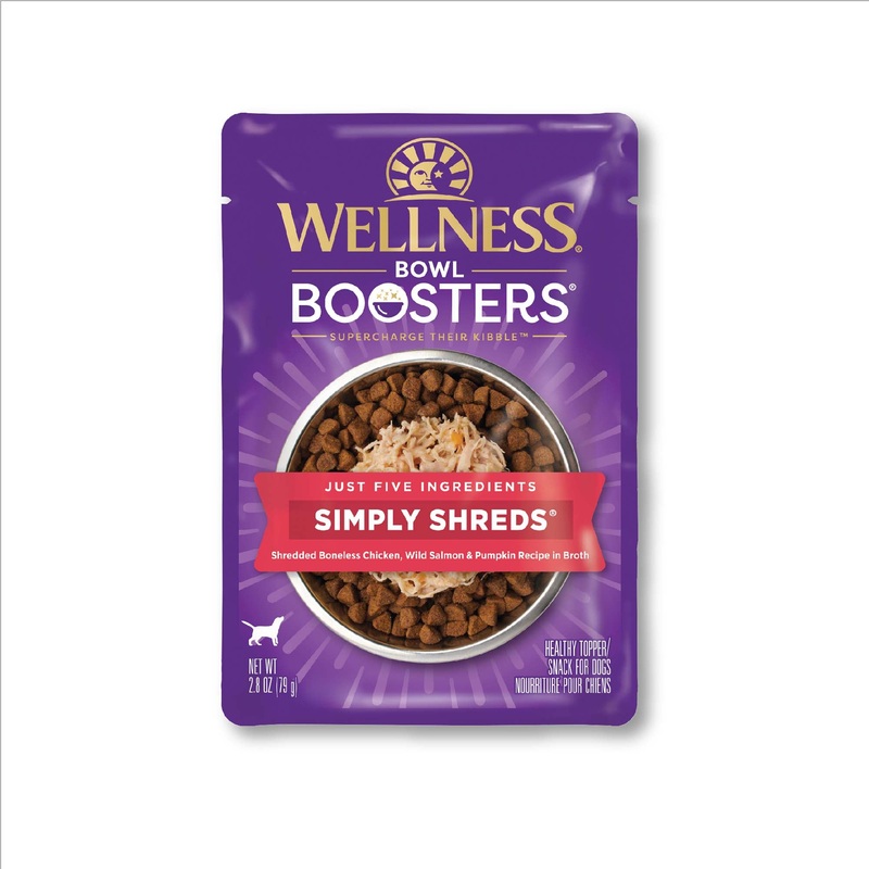 Wellness Bowl Boosters Simply Shreds Natural Grain Free Wet Dog Food Mixer or Topper Wild Salmon & Pumpkin  2.8oz Pouch