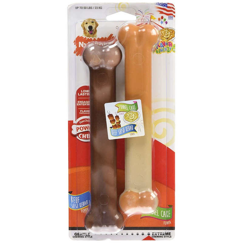 Nylabone Power Chew Flavor Frenzy Durable Dog Chew Toys Twin Pack Funnel Cake & Shish Kabob Large/Giant