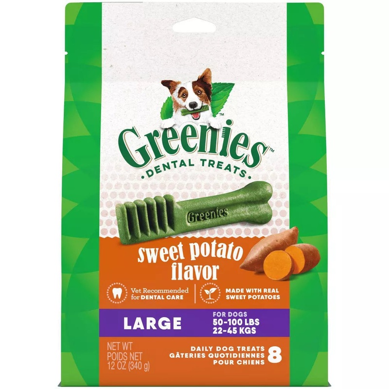 Greenies Canine Dental Treats, Sweet Potato Flavor, Large, Bag of 8 (12oz)
