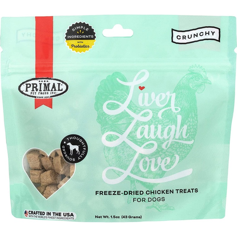 Primal Freeze Dried Chicken Liver Dog Treats with Probiotics, Liver, Laugh, Love Natural Crunchy Training Treats, 1.5 oz