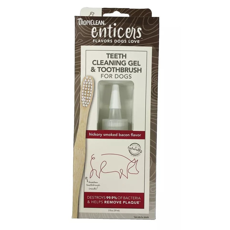 TropiClean Enticers Teeth Cleaning Gel & Toothbrush for Large Dogs - Hickory Smoked Bacon Flavor, 2oz