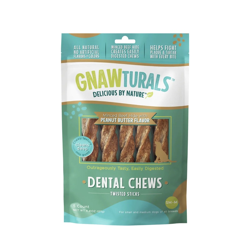 Gnawturals Dental Chews Twisted Stick, Peanut Butter, Medium, 5ct