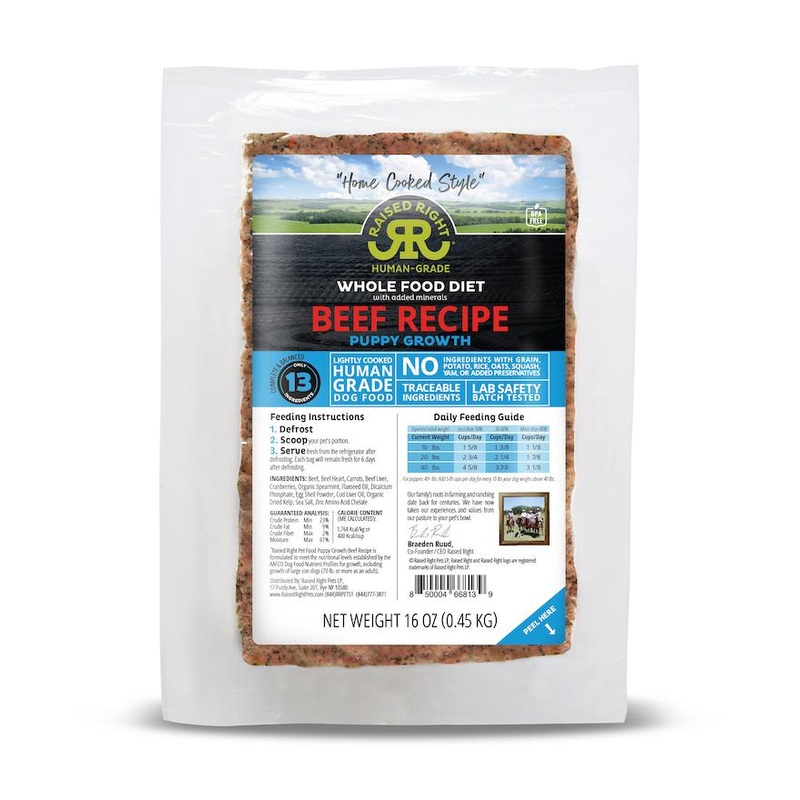 Raised Right Puppy Growth Beef Recipe Frozen Dog Food 1lb