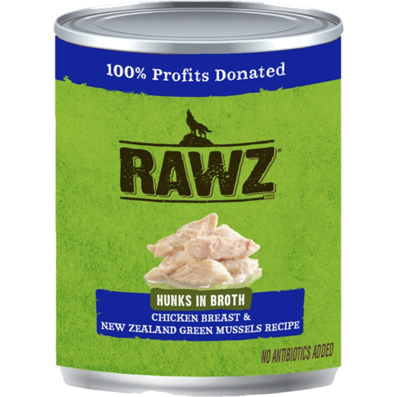 Rawz Hunks in Broth Chicken, New Zealand Green Mussel Dog Food 10oz