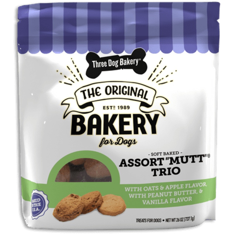 Three Dog Bakery Assortmutt: Peanut Butter, Vanilla, Oats & Apple Flavor Soft Treats for Dogs, 26 oz