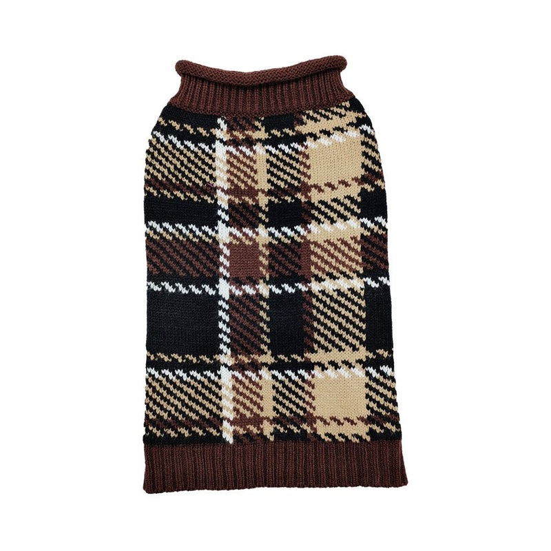 Doggie-Q Hooded Double Knit Plaid Brown Sweater
