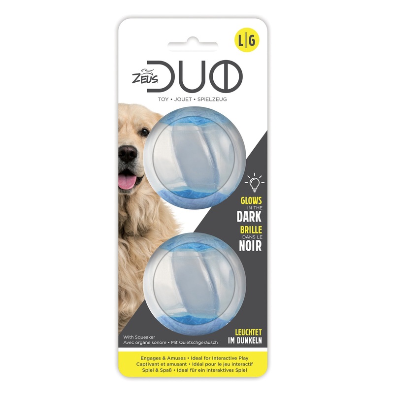 Zeus Duo Ball 6.3cm with Squeaker & Glow, 2pk